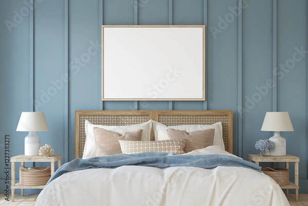 Obraz Bedroom in a nautical style. Frame mockup. 3d render.