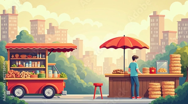 Fototapeta Street Food Market Illustration in Flat Style