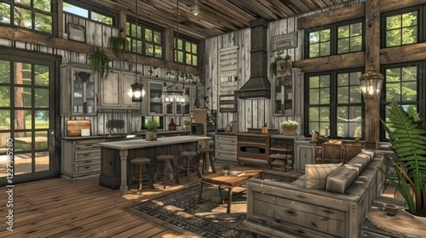 Obraz Cozy rustic kitchen and living area with wooden decor, plants, and natural light from windows