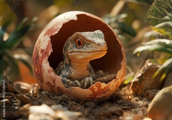 Obraz A baby dinosaur is sitting in an egg