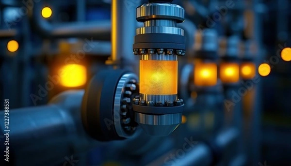Fototapeta A close-up of illuminated industrial pipes featuring a glowing valve amidst a blue-toned backdrop, showcasing advanced engineering and technology.