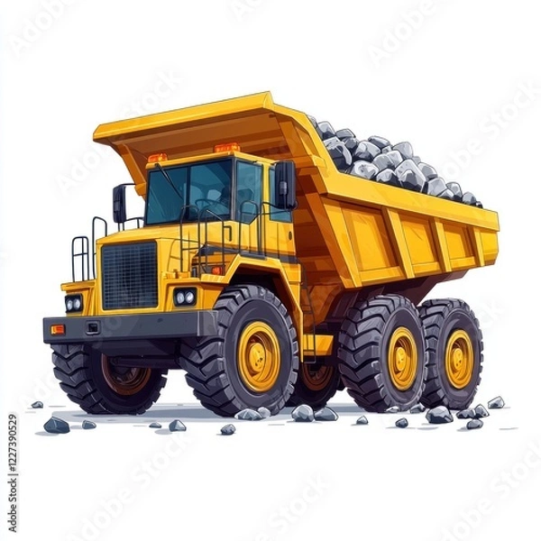 Fototapeta Dump Truck filled with stones isolated on white background. Dump Truck with stones. Heavy Machinery. Construction Vehicle loaded with stones. Dump Truck Design Element. Stone-filled Dump Truck.