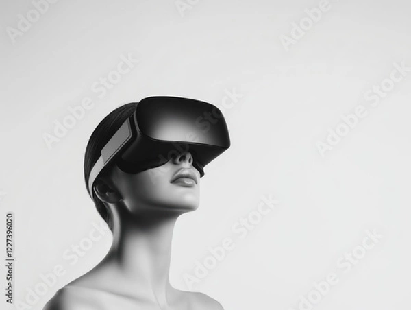 Obraz An Individual Immersed in a Digital Experience: The Striking Contrast of Virtual Reality Glasses Against a Plain White Background
