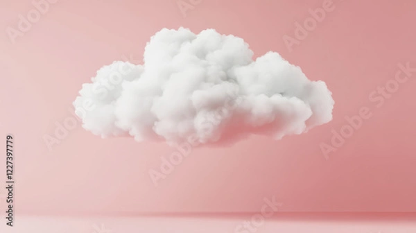 Fototapeta Fluffy cartoon cloud floating against soft pink background, creating whimsical and dreamy atmosphere. Perfect for playful designs and illustrations