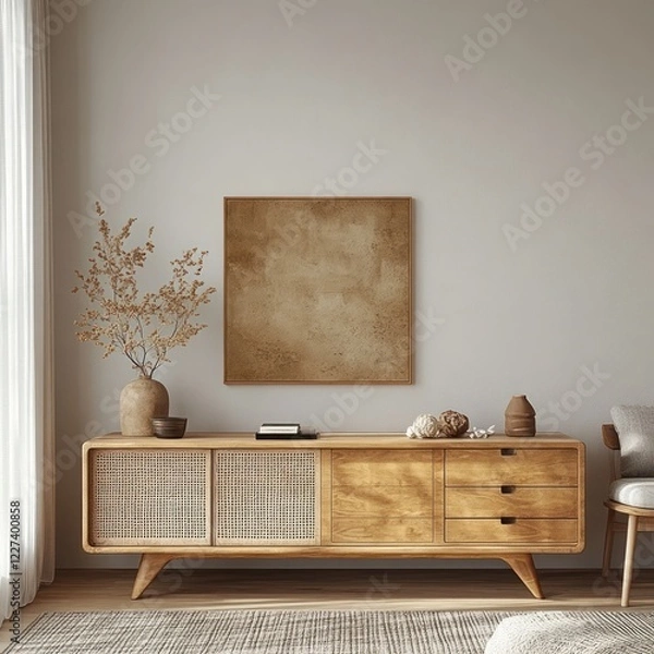 Fototapeta Scandinavian Living Room Interior with Wooden Sideboard and Geometric Rug in Soft Ambient Lighting