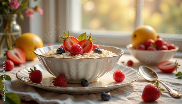 Obraz Creamy amaranth porridge with berries and fruit slices in porcelain bowl