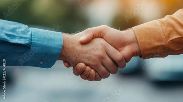 Fototapeta Business negotiation handshake urban setting close-up professional environment focused viewpoint partnership concept