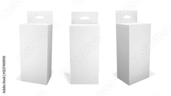 Fototapeta 3d white hang box mockup. Blank rectangle carton product pack with hanger. Cream container with tab set of three. Realistic vertical pharmacy packaging front and side view. Empty paper dummy slot.
