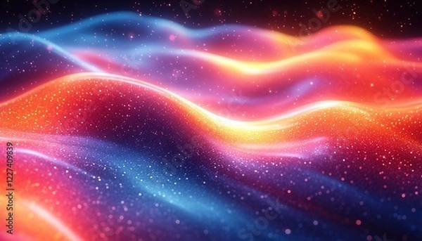 Fototapeta Glowing particle waves flow in vibrant abstract space background