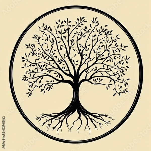 Fototapeta Exploring the intricate design of a tree of life featuring visible roots and vibrant leaves within a circular frame. Generative AI