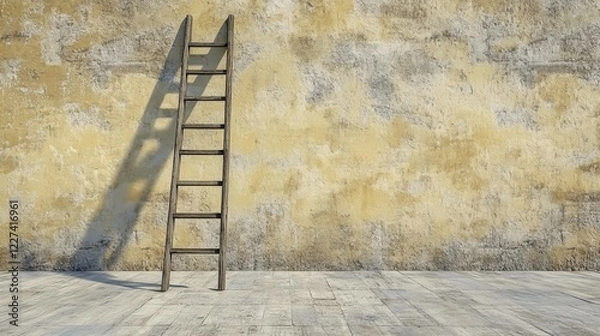Fototapeta Old Wooden Ladder Leaning Against Weathered Wall Casting Long Shadow on Ground in Dim Light Creating a Rustic and Calm Atmosphere