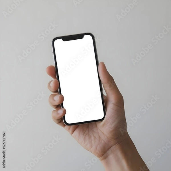 Fototapeta Photo of a hand holding a mobile phone. Plain white color is displayed on the smartphone.