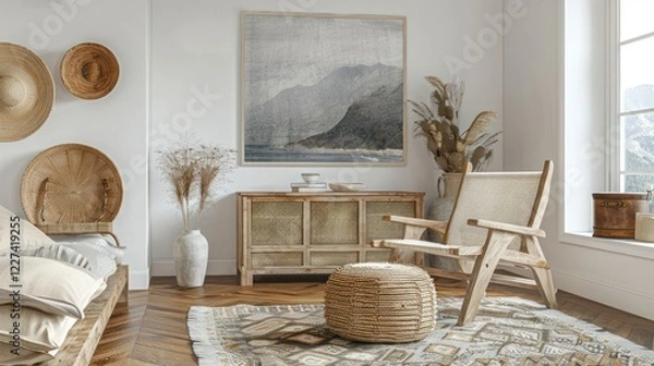 Fototapeta Cozy living room interior featuring natural decor, mountain artwork, and serene atmosphere