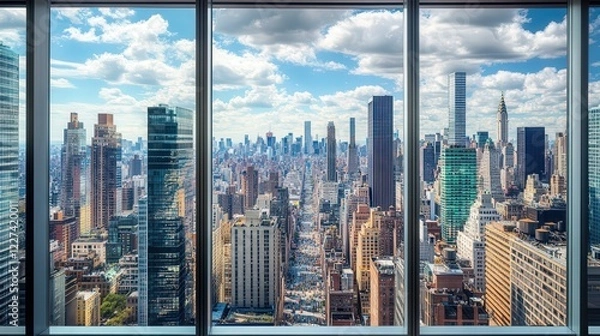 Fototapeta the city skyline framed through a balcony, with the bustling streets below and tall buildings filling the scene