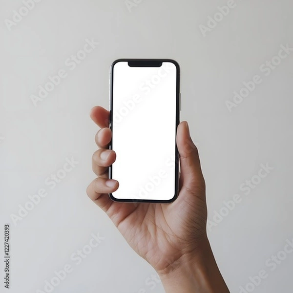 Fototapeta Photo of a hand holding a mobile phone. Plain white color is displayed on the smartphone.