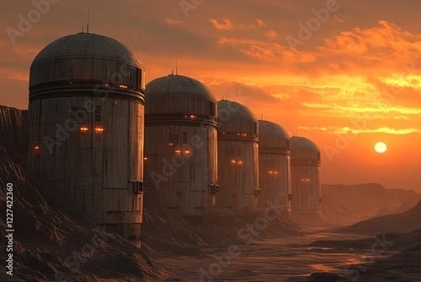 Obraz Futuristic settlement on alien landscape during a vibrant sunset with towering structures and atmospheric sky