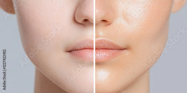 Fototapeta Comparison of Matte and Dewy Skin Textures on a Woman's Face