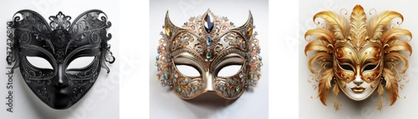 Fototapeta Three ornate masquerade masks: black, gold, and beige.  Each mask displays intricate detailing and unique designs.