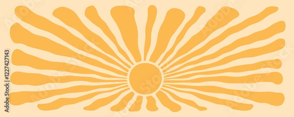Fototapeta Sun groovy background, summer retro radial burst, yellow graphic wave. Abstract trendy sunshine poster. Cartoon light beam print. Vintage boho pattern. Modern color funky vector illustration