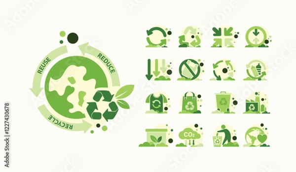 Fototapeta The Concept of Reduce, Reuse, Recycle in zero waste with Icons for sustainable environment management web banner. Garbage recycling to eco friendly. Green template Infographic flate vector design.