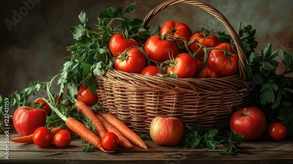 Fototapeta A wooden basket overflowing with ripe tomatoes, carrots, and apples, set on a rustic wooden table with fresh herbs scattered around.