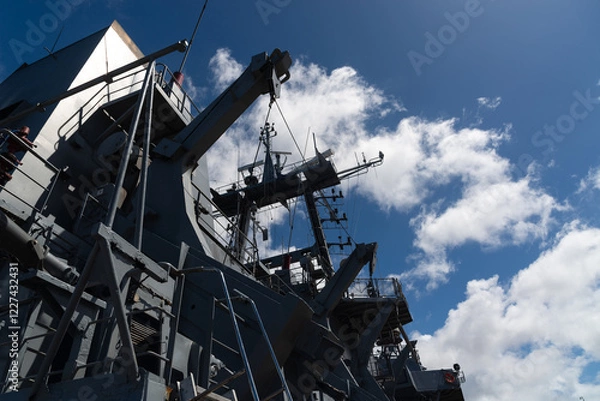 Fototapeta View of a Navy ship open for visits in the port of the city of Salvador, Bahia, Brazil.