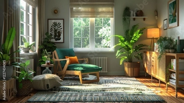 Obraz Cozy living room with green plants, sunlight streaming through windows, and modern decor