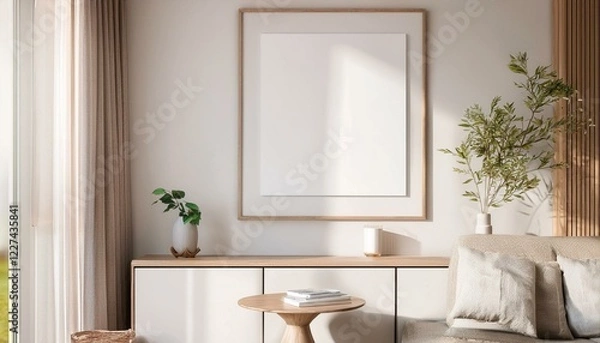 Fototapeta Frame mockup, ISO A paper size. Living room wall poster mockup. Interior mockup with house background. Modern interior design. 3D render
