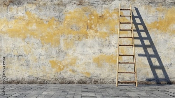 Fototapeta Wooden Ladder Leaning Against an Old Weathered Wall with a Distinctive Texture and Long Shadow on a Paved Surface