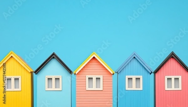 Fototapeta A row of colorful, stylish houses against a bright blue sky, showcasing a playful blend of architectural design and vibrant hues.
