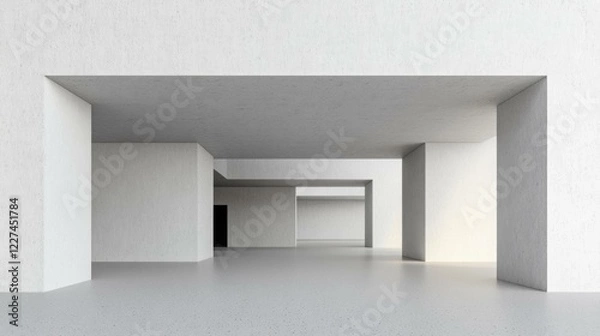 Fototapeta Modern minimalist interior design with spacious white walls and open layout, showcasing a neutral palette and light filled environment