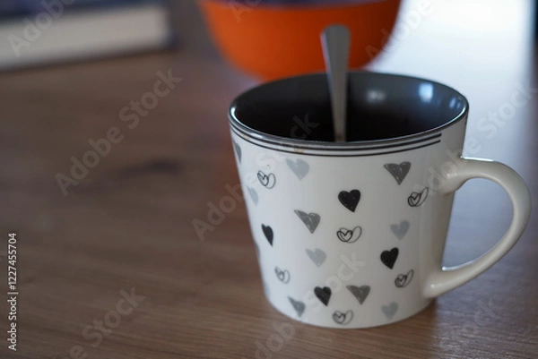 Fototapeta A drunk mug with hearts. There is a spoon in it and it is placed on the table.