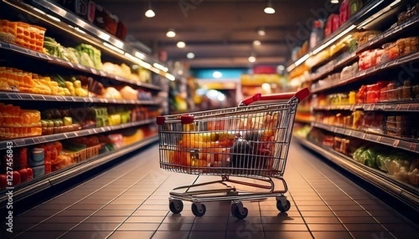 Fototapeta cart in the middle of grocery store isle 
