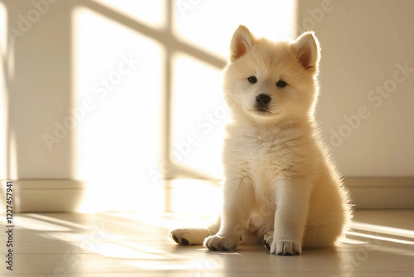 Fototapeta Adorable fluffy puppy sitting in a sunlit room with soft shadows creating a warm ambiance