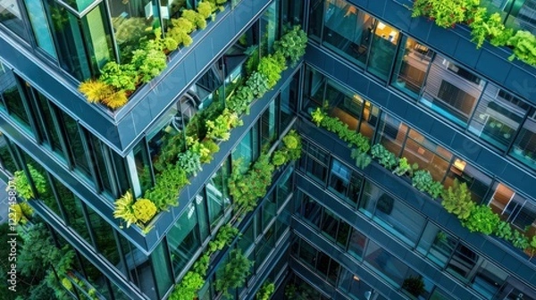 Fototapeta Aerial view of a modern building adorned with lush greenery and plants on balconies