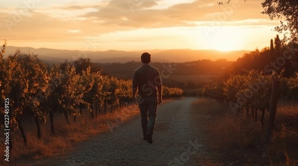 Obraz A man walks through a vineyard at sunset, enjoying the serene beauty and peaceful scenery surrounding him on a quiet evening.