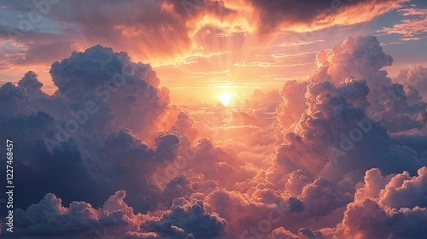 Obraz Epic golden-hour sky with rich, warm orange and pink hues blending into deep blue-gray clouds, perfect for atmospheric and moody designs. 