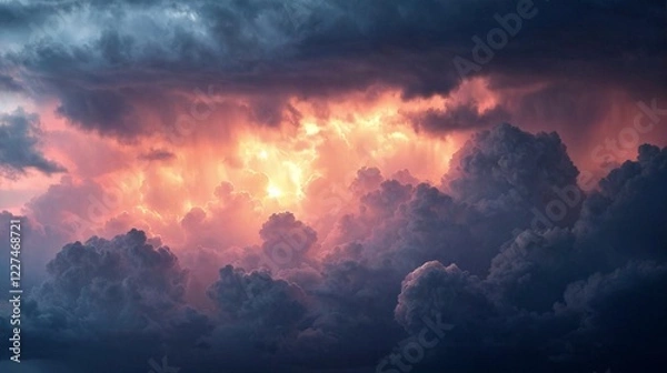 Obraz Moody rain-washed sky with dark blue-gray clouds breaking apart, revealing a breathtaking blend of pink, peach, and golden sunlight.