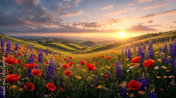 Obraz A breathtaking landscape filled with a variety of wildflowers—red poppies, purple lupines, and golden daisies—swaying under the warm glow of the rising sun, evoking a sense of peace and beauty.