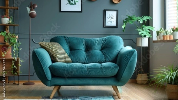 Fototapeta Cozy living room featuring a teal sofa, plants, and wall art in a modern, inviting setting
