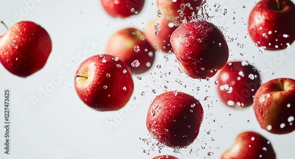 Fototapeta Close-Up of Fresh Red Apples with Water Droplets on Dark Reflective Surface