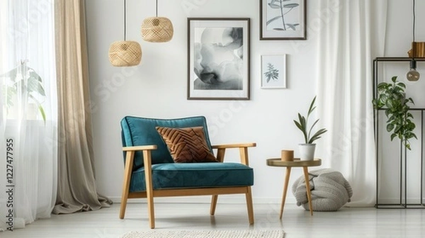 Obraz Cozy modern living room featuring a teal chair, decorative pillows, and indoor plants