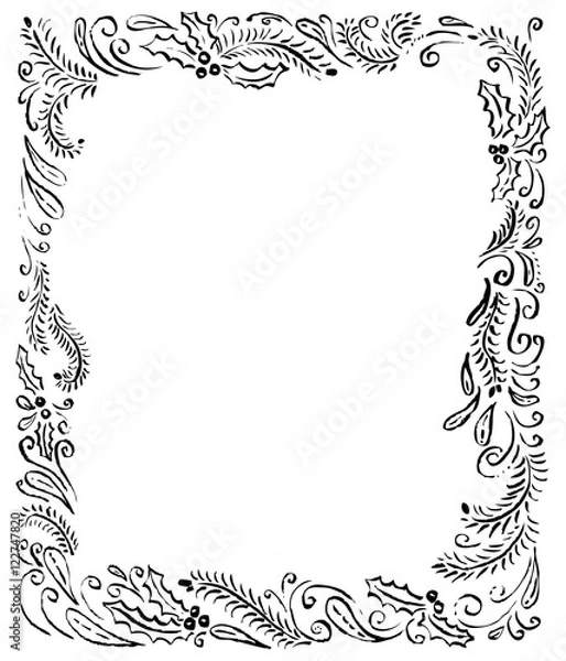 Fototapeta Ink artistic frame with pine tree branches, swirls, abstract elements