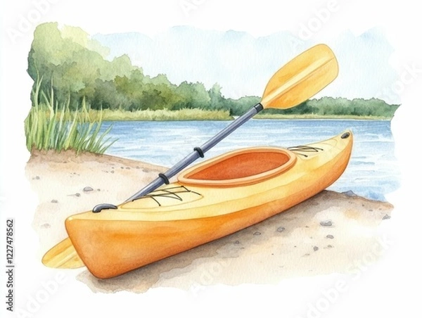 Fototapeta Tranquil watercolor style scene of a kayak paddle leaning against a bright kayak by a riverside surrounded by lush nature and a serene landscape inviting outdoor adventure and relaxation
