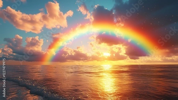 Fototapeta Rainbow sunset over the ocean horizon with  clouds and reflections