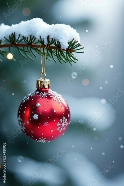 Fototapeta Red and silver ornaments hanging from a snowy pine branch's twig, silver, snow, twigs