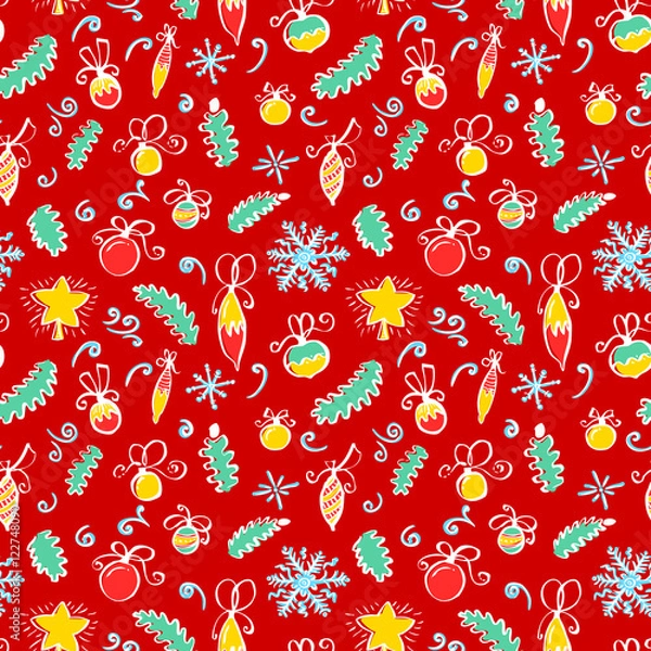 Fototapeta winter Christmas seamless pattern with abstract swirl elements, holly, decoration balls and snowflakes