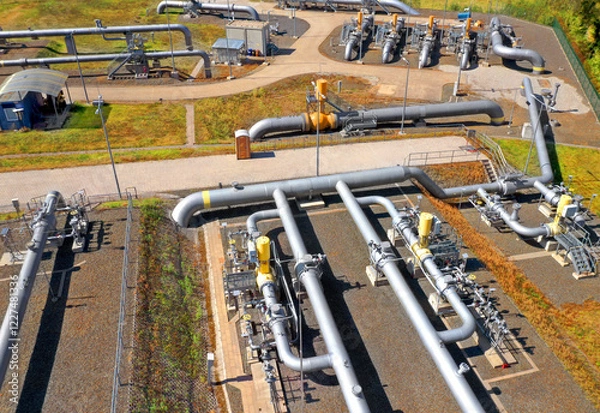 Fototapeta Natural gas pipeline in European Union. High pressure pipes on a hot summer day.	