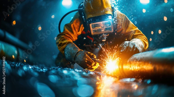Fototapeta diver welding underwater, creating sparks in dark environment