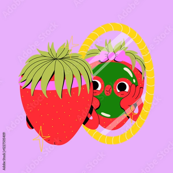 Fototapeta Isolated cute strawberry character making skin care routine with a mask in a bathroom mirror. Self-love. Fruit mascot design. Funny face red berry vector illustration. Cartoon flat retro style. 